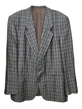 Mens Vintage Blazer Sports Coat 100% Linen Plaid Made in Austria Green Gray